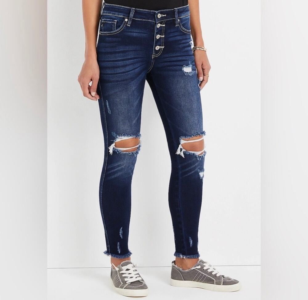 Kancan x Maurices Button Fly Jeans Ripped Knee Size 29 Skinny Stretch Raw Hem